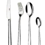 Stainless steel cutlery set including a knife, fork, spoon, and teaspoon, emphasizing hygiene and cleanliness.