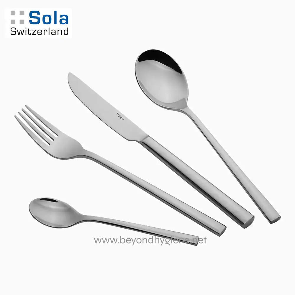 LIVING 1810 Stainless Steel-2 Stainless steel cutlery set including fork, knife, and spoons designed for dining, with sleek modern appearance for upscale restaurant or home use.