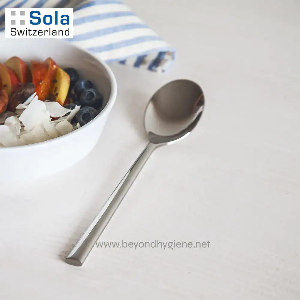 LIVING 1810 Stainless Steel-3 Stainless steel spoon placed next to a bowl of smoothie with fresh fruits, blueberries, coconut flakes, and sliced fruits, on a white surface.
