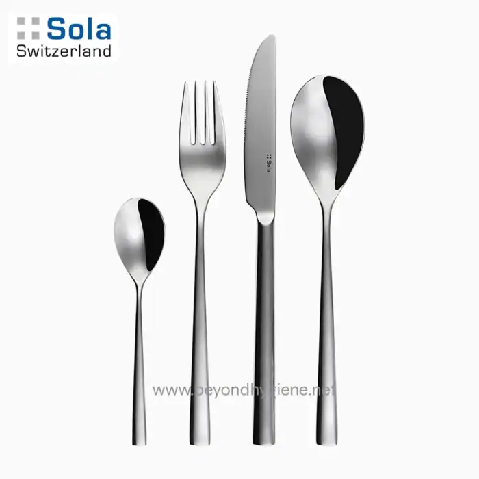 Stainless steel cutlery set with fork knife and spoons, modern minimalist design, eco-friendly tableware from Beyond Hygiene Asia.