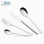 Stainless steel cutlery set including fork, knife, and spoons, ideal for professional hospitality and restaurant hygiene standards.