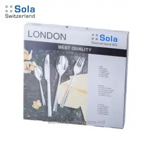 Stainless steel cutlery set with forks, knives, spoons, and a coffee spoon from Sola Switzerland, ideal for home, restaurant, or catering use, showcasing high quality and durability.