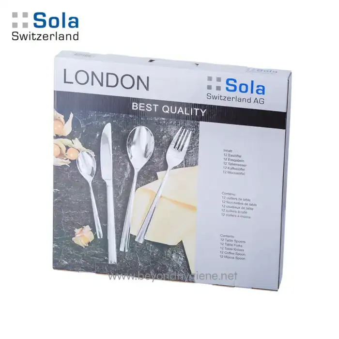 Stainless steel cutlery set with forks, knives, spoons, and a coffee spoon from Sola Switzerland, ideal for home, restaurant, or catering use, showcasing high quality and durability.