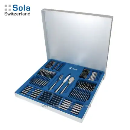 Cutlery set in display case, high-quality stainless steel utensils, Sola Switzerland design, dishwasher safe, ideal for restaurants and catering services, Beyond Hygiene Asia cleaning supplies and sanitation products.