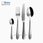 Stainless steel cutlery set, including a fork, knife, teaspoon, and tablespoon, displayed against a white background for elegant dining and kitchenware solutions.