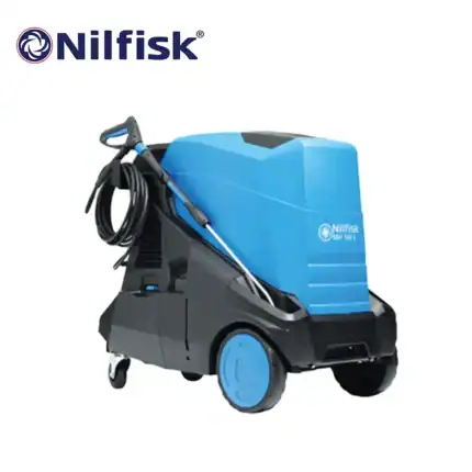 High-pressure commercial steam cleaner for industrial cleaning and sanitation, Nilfisk brand, compact and mobile, ideal for hygiene and disinfecting surfaces in various environments.