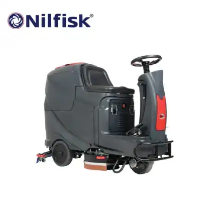 Nilfisk ride-on industrial floor scrubber for efficient commercial cleaning, ideal for large facilities and hygienic maintenance, available through Beyond Hygiene Asia.