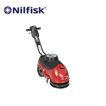 Nilfisk industrial floor scrubber for commercial cleaning, featuring durable design and efficient scrubbing technology, ideal for hygiene and sanitation in various business environments.