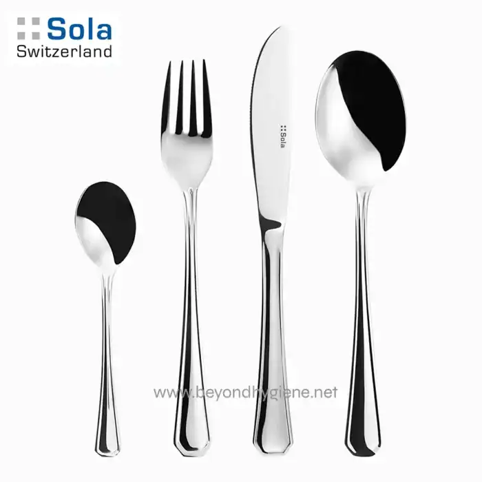 Sola Switzerland stainless steel cutlery set including spoon, fork, and knife with modern black and silver design for dining elegance and hygiene.