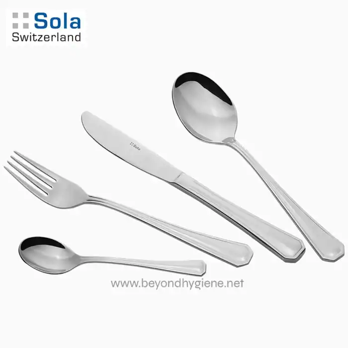 Stainless steel cutlery set including a knife, fork, and two spoons on a white background. Perfect for dining and hospitality environments, emphasizing hygiene and quality tableware from Beyond Hygiene Asia.