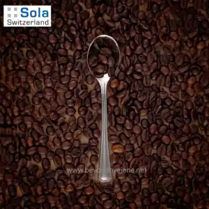 Coffee beans with a metal spoon on a wooden surface, close-up shot for coffee shop or beverage business SEO.
