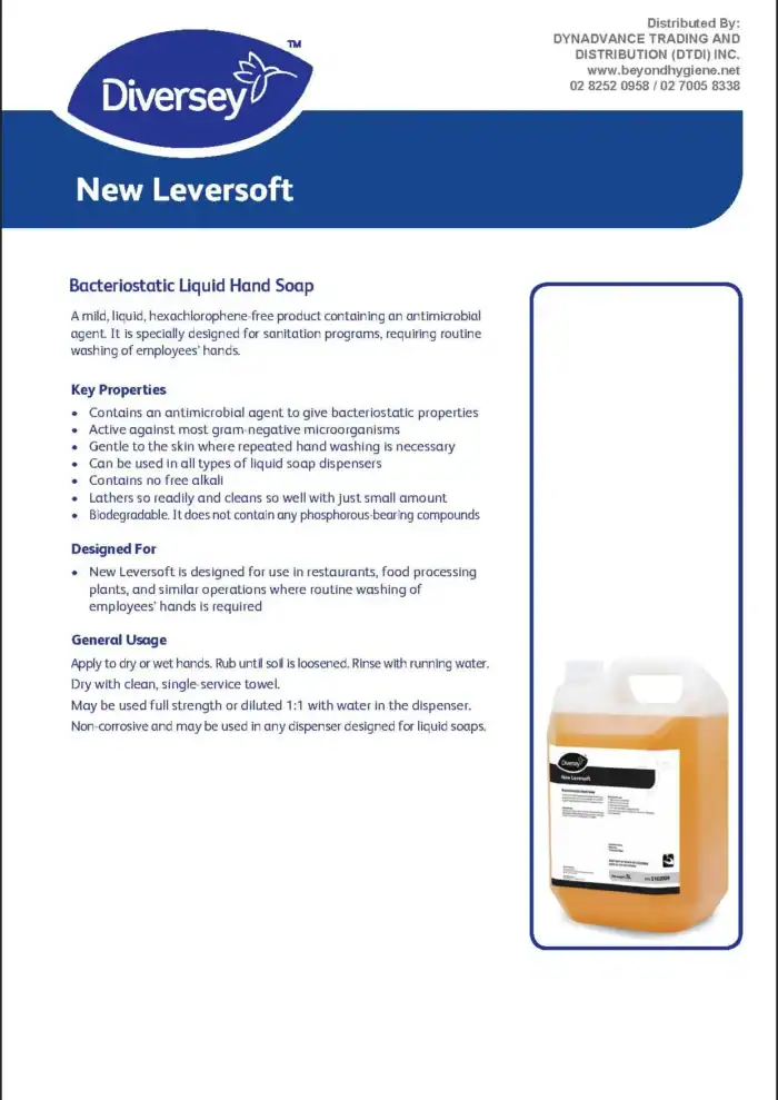 Bacteriostatic liquid hand soap by Diversey, ideal for sanitation programs and employee handwashing in food processing and restaurant environments.