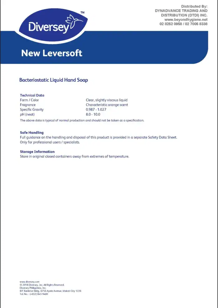 Bacteriostatic liquid hand soap product sheet with technical data, safety handling guidance, and storage instructions, emphasizing professional use and effective hand hygiene solutions.