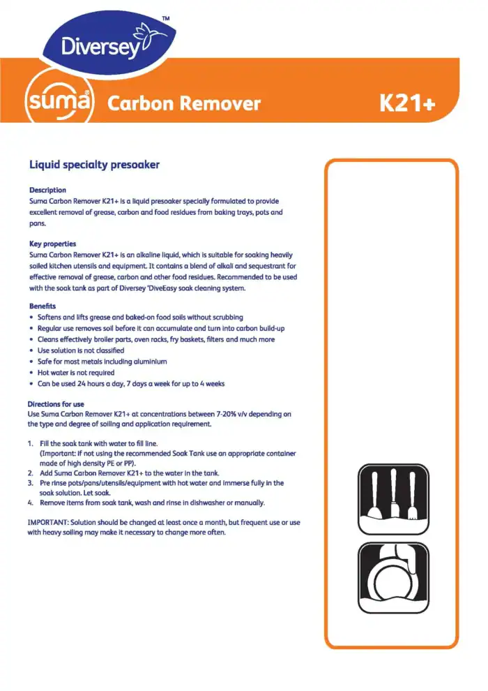 Suma Carbon Remover K21+ Liquid Presoaker for commercial kitchen utensils and equipment, effective for grease and food residue removal, safe and easy to use, ideal for professional hygiene and cleaning.