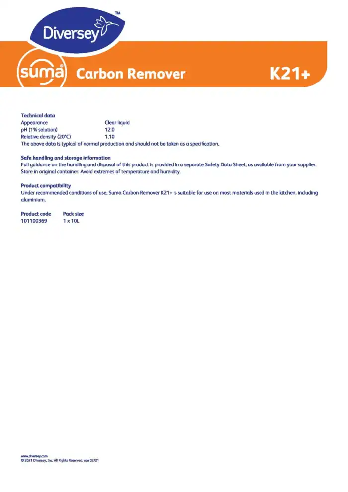 High-quality Suma Carbon Remover product sheet showcasing technical data, safe handling info, and compatibility details, emphasizing eco-friendly cleaning solutions for commercial and industrial use.