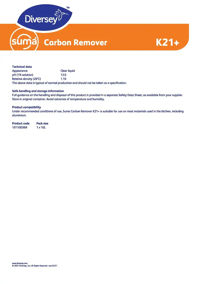 PIS_Suma Carbon Remover K21+_Page_2 High-quality Suma Carbon Remover product sheet showcasing technical data, safe handling info, and compatibility details, emphasizing eco-friendly cleaning solutions for commercial and industrial use.