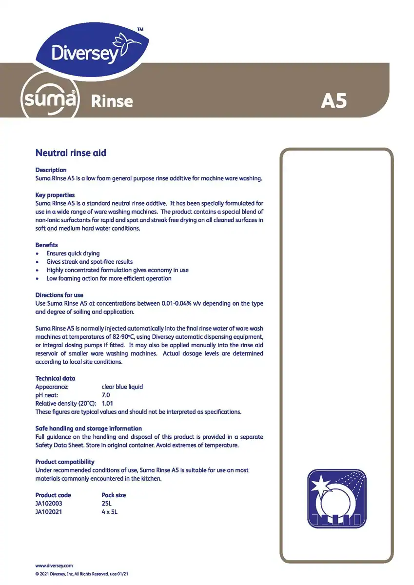 PIS_Suma Rinse A5_0 Neutral rinse aid for machine ware washing, low foam, ensures quick drying, spot-free results, and efficient operation - ideal for industrial and commercial kitchen use.