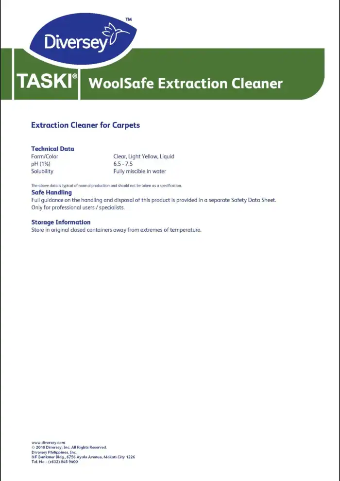 High-quality Carpet Extraction Cleaner for professional use, featuring WoolSafe-certified formula, perfect for removing stains and dirt, safe handling guidelines, and storage instructions for maintaining cleanliness.