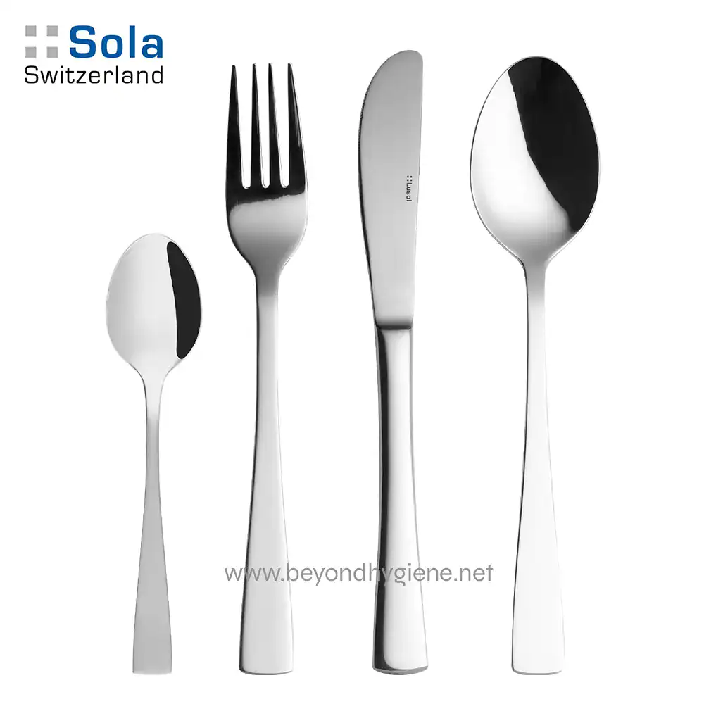 PRIMO 1810 Stainless Steel Stainless steel cutlery set with fork, knife, spoon, and teaspoon, designed for dining and hospitality industry, showcasing modern, hygienic tableware from Sola Switzerland.
