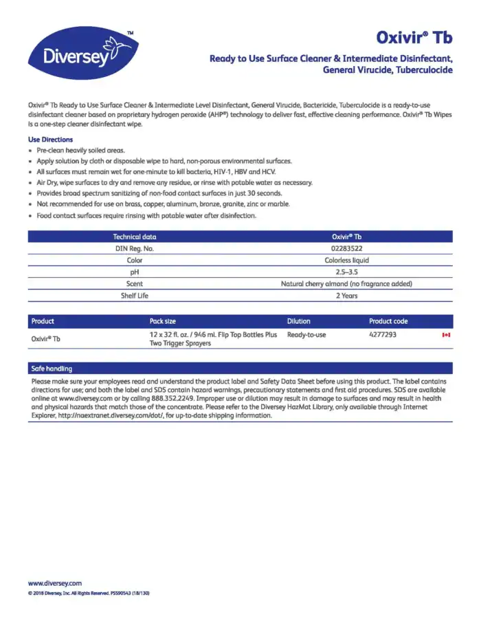 Oxivir Tb ready-to-use surface cleaner and disinfectant for hospitals, clinics, and commercial spaces, effectively kills viruses, bacteria, and tuberculosis with hydrogen peroxide technology.