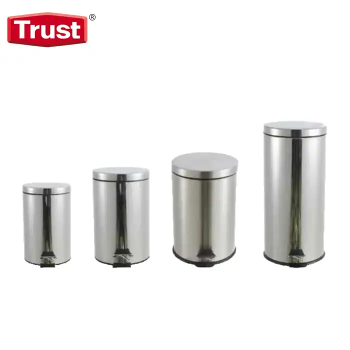 Trash bins in a variety of sizes made from stainless steel, suitable for commercial and industrial use. Designed for hygienic waste disposal in busy environments.