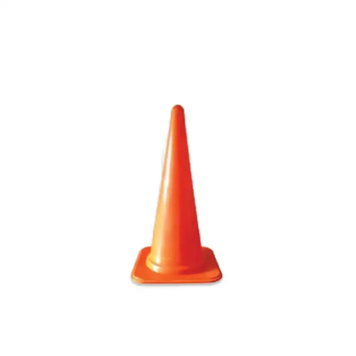 Orange traffic cone for safety signage and hazard marking.
