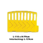 Yellow plastic safety barrier with interlocking feature, ideal for construction zones, events, or crowd control, providing easy customization and durable use for safety management.