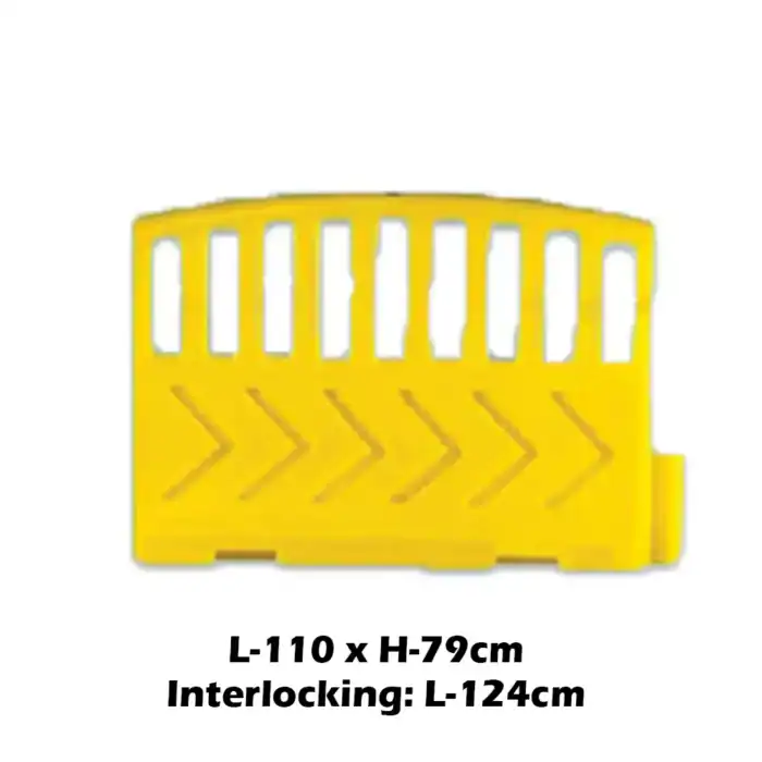 Yellow plastic safety barrier with interlocking feature, ideal for construction zones, events, or crowd control, providing easy customization and durable use for safety management.