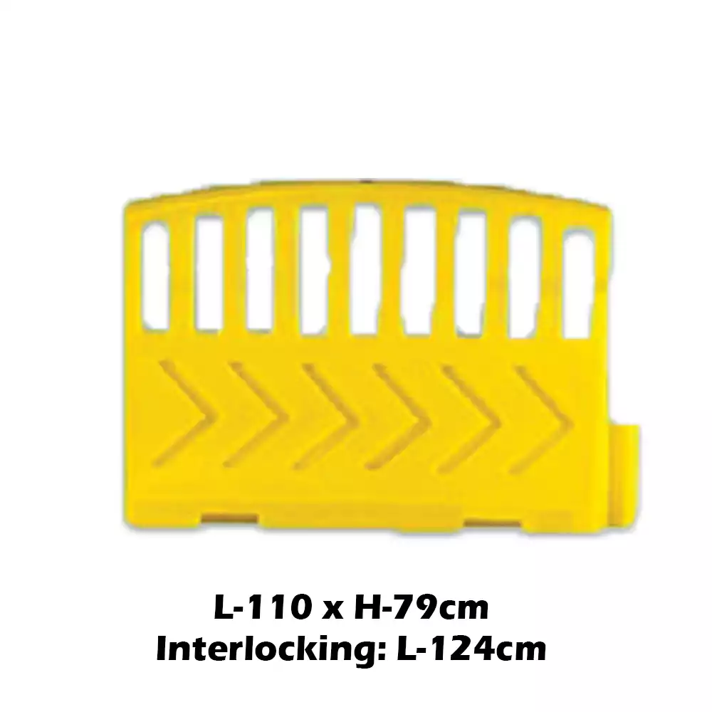 RBR1 Yellow plastic safety barrier with interlocking feature, ideal for construction zones, events, or crowd control, providing easy customization and durable use for safety management.