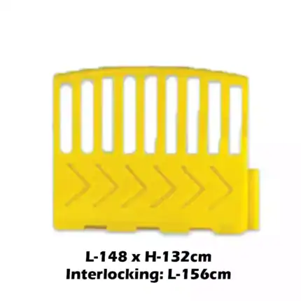 Yellow plastic safety barrier for crowd control or traffic management, durable and lightweight, measures L-148 x H-132cm with interlocking feature, ideal for construction sites and public events.