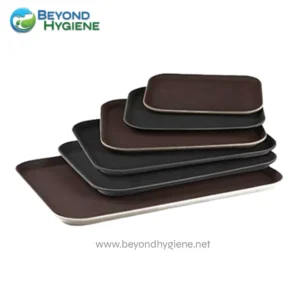 Non-slip black and brown rectangular serving trays for food presentation, durable and easy to clean, ideal for commercial and home use, by Beyond Hygiene Asia.