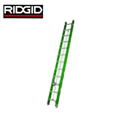 Aluminum extension ladder with green and silver rungs, ideal for industrial and maintenance tasks. Lightweight, durable, and portable for safe climbing and reach in various work environments.