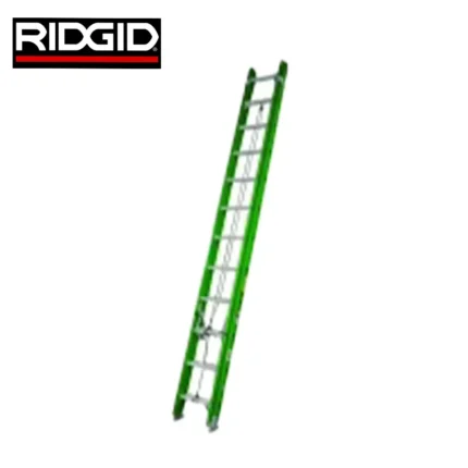 Ladder with green safety frame, suitable for industrial and construction use. Durable aluminum steps provide stable access for maintenance and building projects.