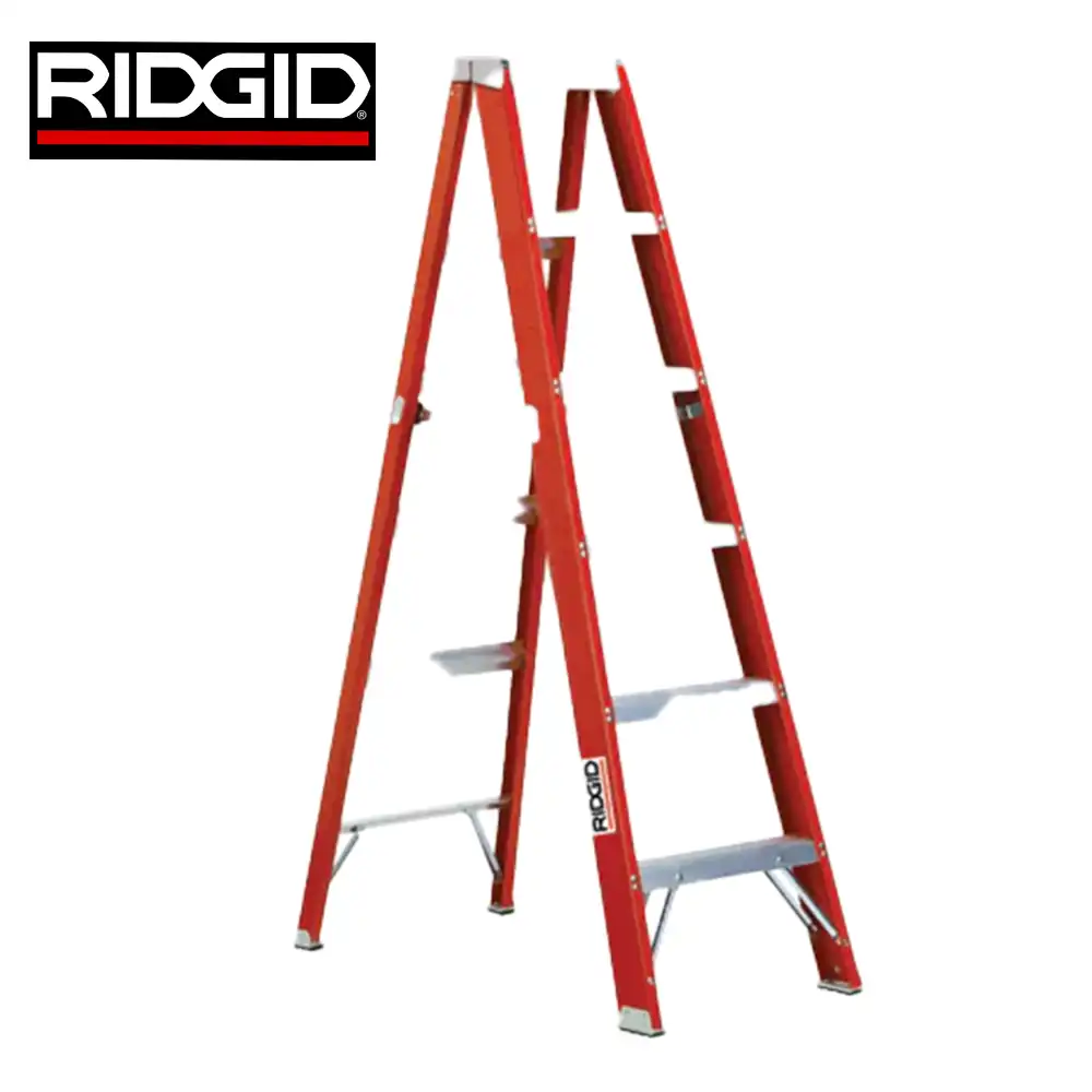 RIDGID red safety ladder with multiple steps, ideal for commercial and industrial use, providing safe access and reliable performance.