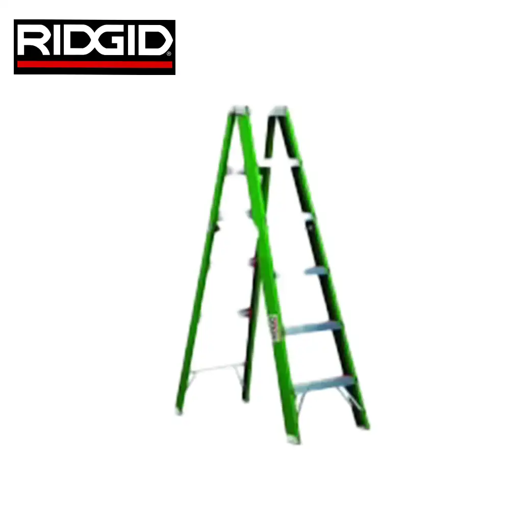 Ridgid folding step ladder for industrial and commercial use, green heavy-duty safety ladder.