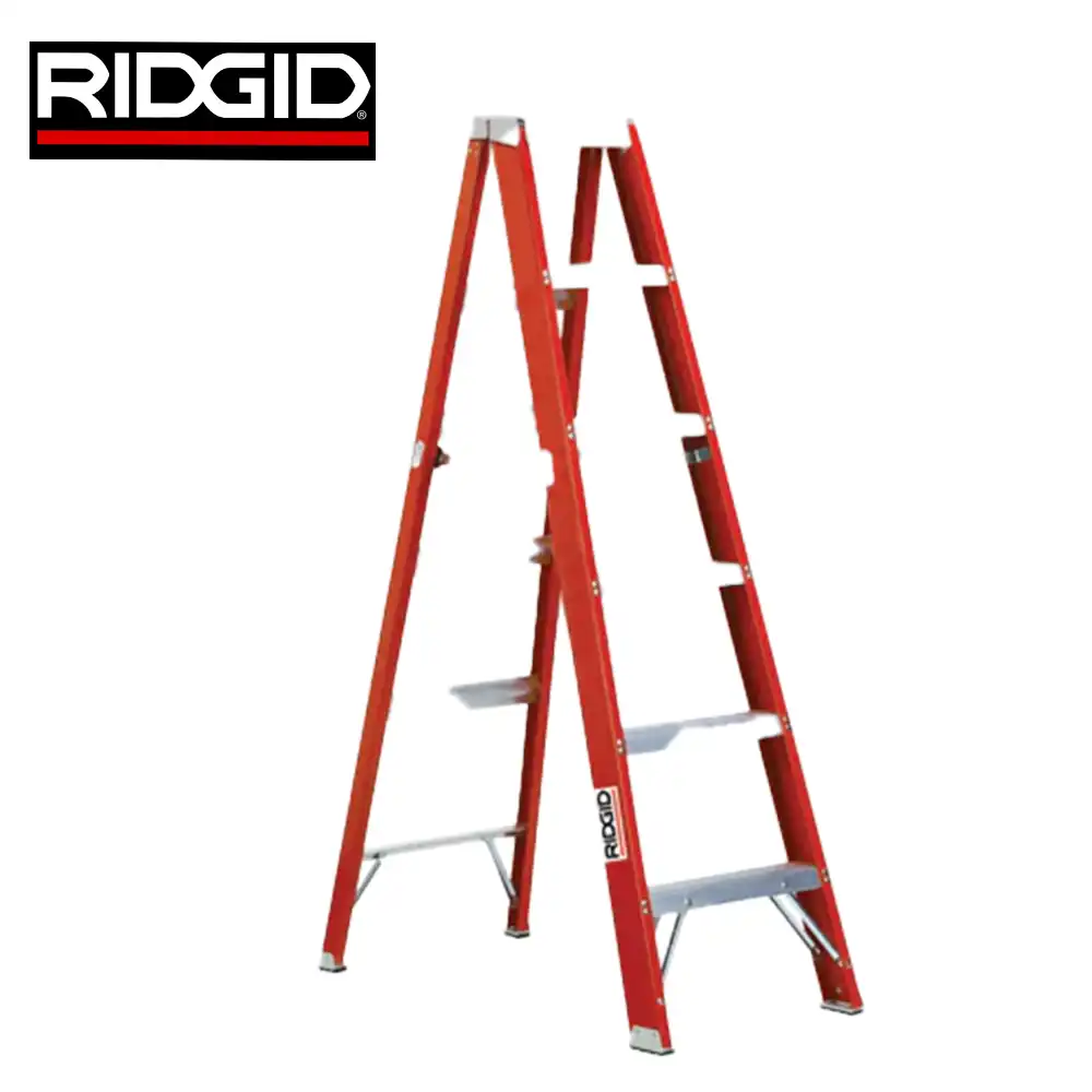 Red RIDGID step ladder for industrial and commercial use, ideal for safety and height access. Perfect for maintenance, cleaning, and construction tasks in various environments.