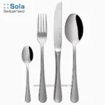 Sola Switzerland stainless steel cutlery set including fork, knife, spoon, and teaspoon, ideal for dining and tableware.