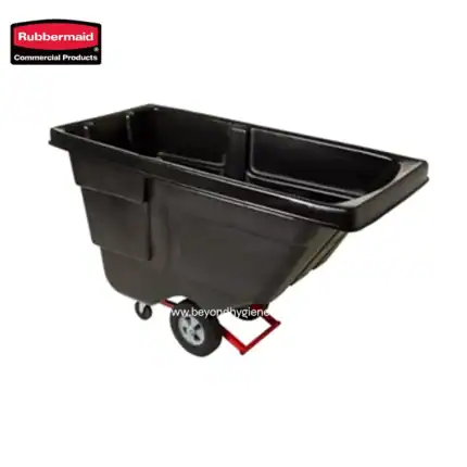 Rubbermaid black utility cart on wheels, ideal for commercial cleaning and janitorial services. Durable, multi-compartment design for organized storage and easy mobility.