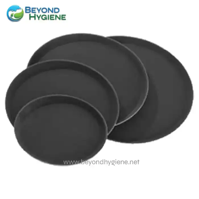 Black rubber diaphragms for industrial cleaning and hygiene equipment.