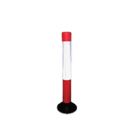 Reflective traffic bollard with red and white coloring, used for safety and traffic management in commercial and public spaces.