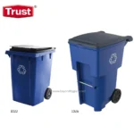 Blue recycling bins for waste management and sanitation services.