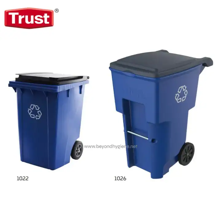 Blue recycling bins for waste management and sanitation services.
