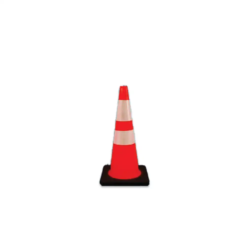 Rubber Traffic Cone with Black Base 30 Inches Base 14 Inches Orange and white striped safety cone for hazard marking.