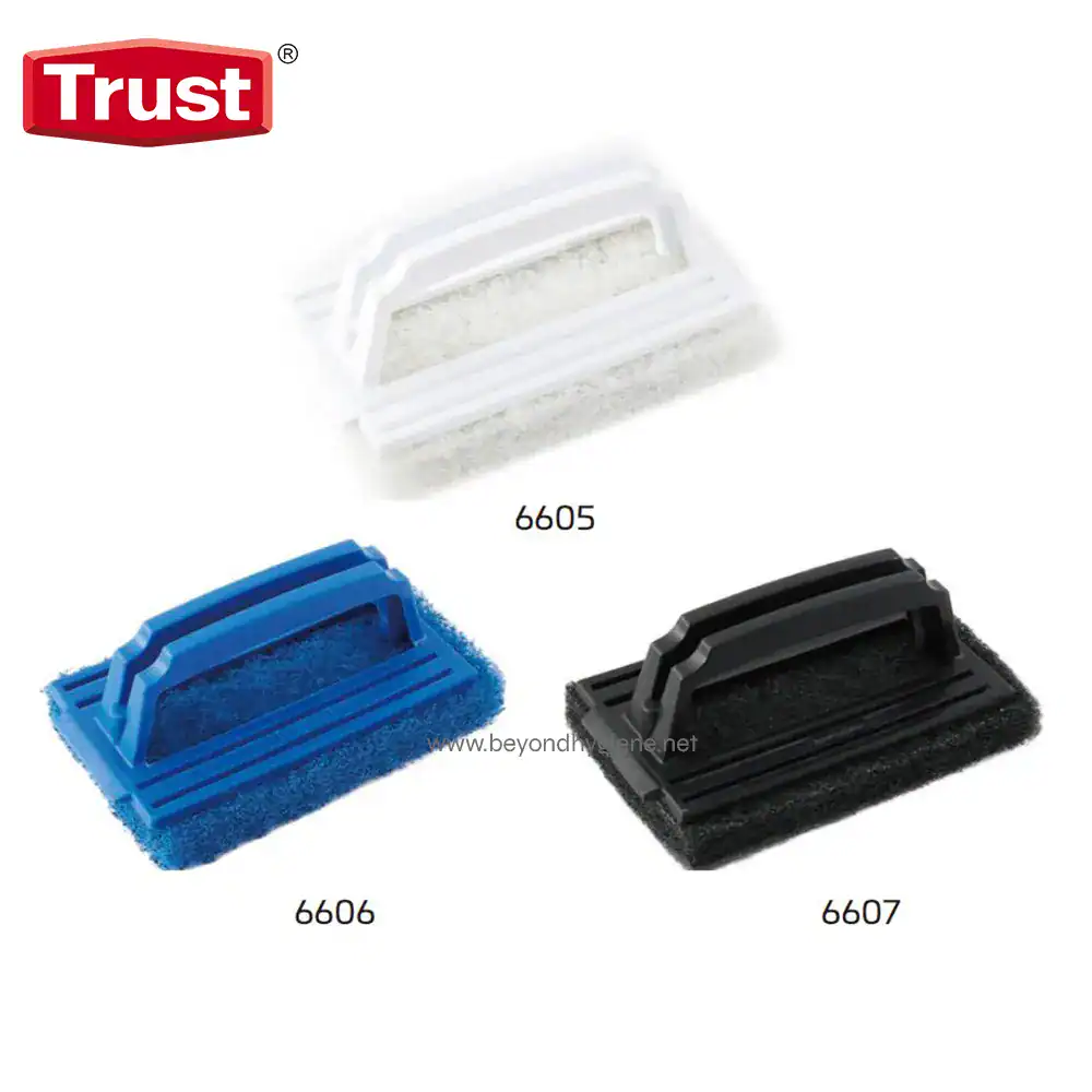 Scouring Pads 2 Replacement scrubber pad for Trust cleaning tools in white, blue, and black colors, designed for efficient surface cleaning and hygiene maintenance in commercial and industrial settings.