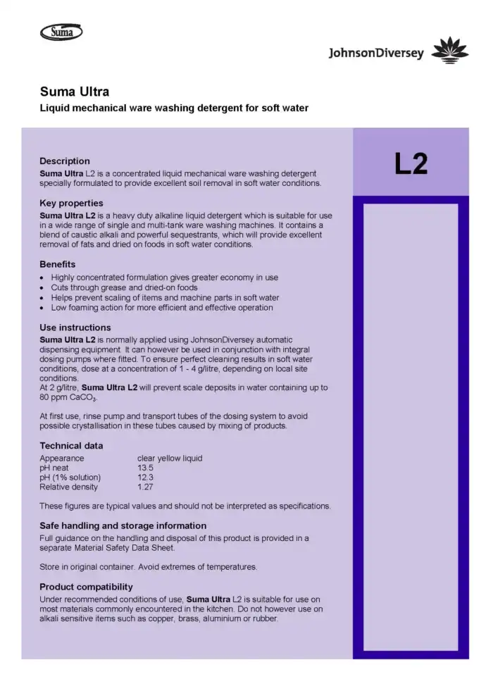 Liquid mechanical ware washing detergent for soft water, suitable for industrial and commercial kitchens, effective in removing fats and dried-on food residues, and preventing scale buildup in soft water conditions.