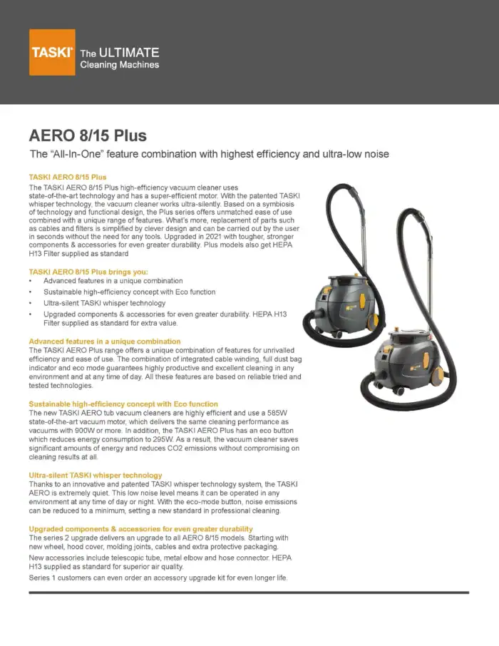 AER8/15 Plus TASKI high-efficiency vacuum cleaner with whisper technology, eco mode, and HEPA filter for superior cleaning performance.