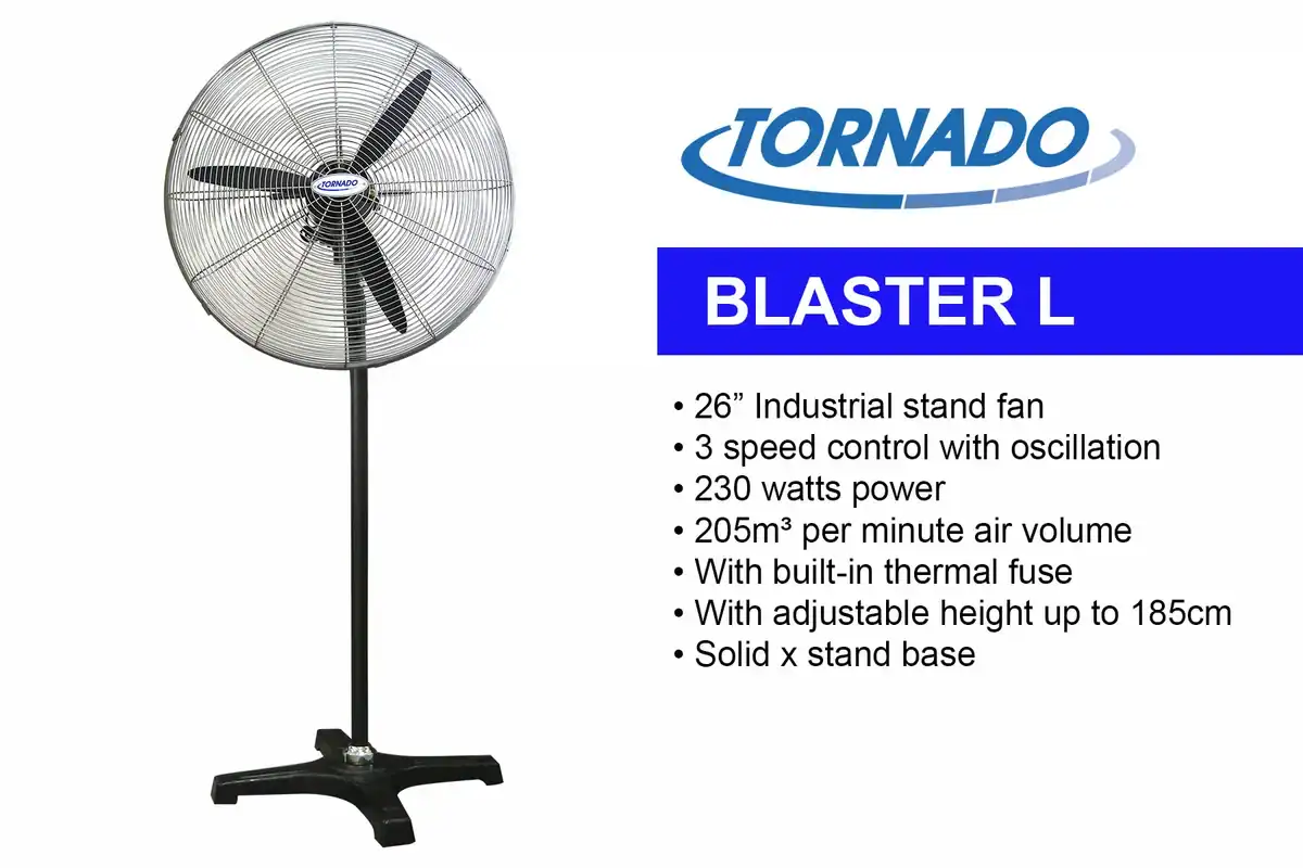 TORNADO-BLASTER-L Industrial stand fan with 26-inch blade, 3 speed control, oscillation, 230 watts power, and adjustable height up to 185 cm for commercial and industrial use.