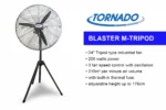 Industrial 24-inch Tornado Blaster M-Triped commercial fan with adjustable height, 200W power, and 3-speed control for optimal airflow; ideal for cooling and ventilation solutions.