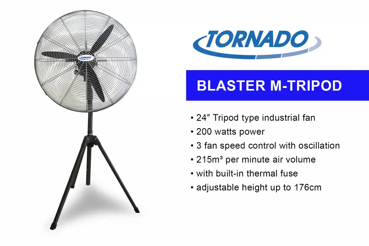 TORNADO-BLASTER-M-TRIPOD-1 Industrial 24-inch Tornado Blaster M-Triped commercial fan with adjustable height, 200W power, and 3-speed control for optimal airflow; ideal for cooling and ventilation solutions.