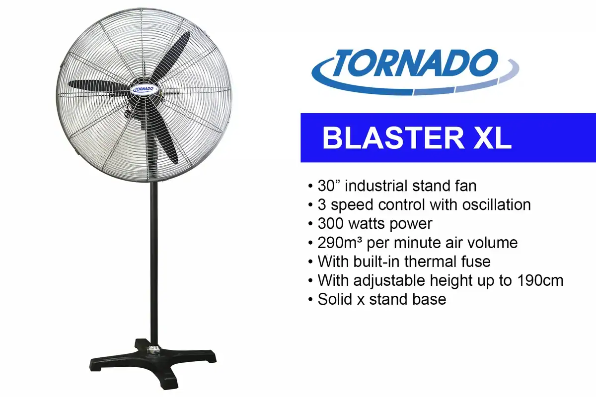TORNADO-BLASTER-XL High-quality industrial stand fan with 30-inch diameter and adjustable height up to 190cm, suitable for commercial spaces, featuring 3-speed control, thermal fuse, and powerful airflow capacity.